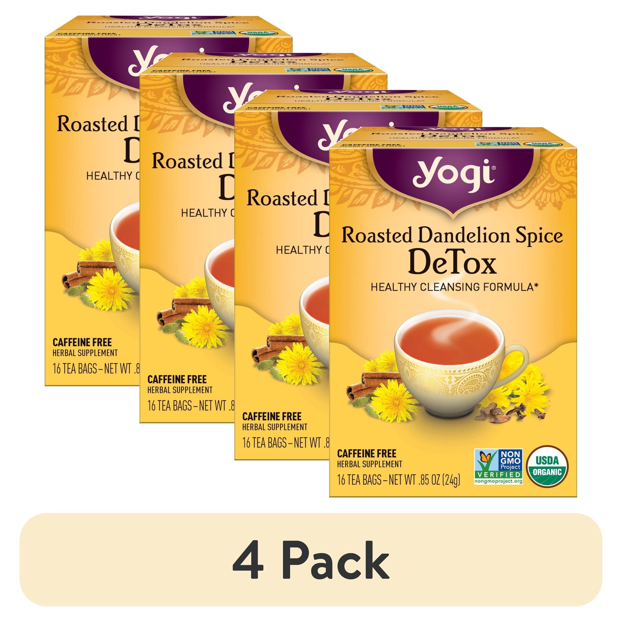(4 pack) Yogi Roasted Dandelion Spice DeTox, Organic Herbal Wellness Tea Bags, 16 Count