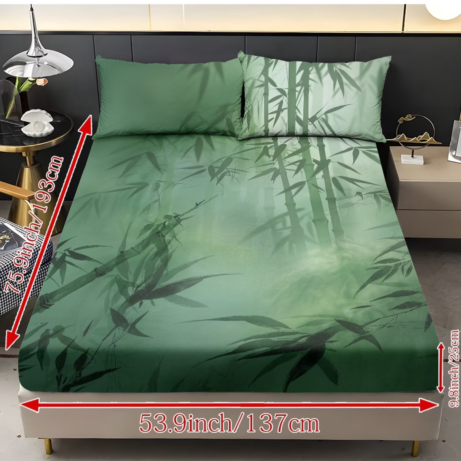 ZIATUBLES Oriental Bamboo Print Queen Size Sheet Set 3 Pcs, 1 Fitted Sheet and 2 Pillowcases, Oriental Style Bed Sheets with Elasticized 9.8" Pocket Soft Comfy Cooling Bedding Set