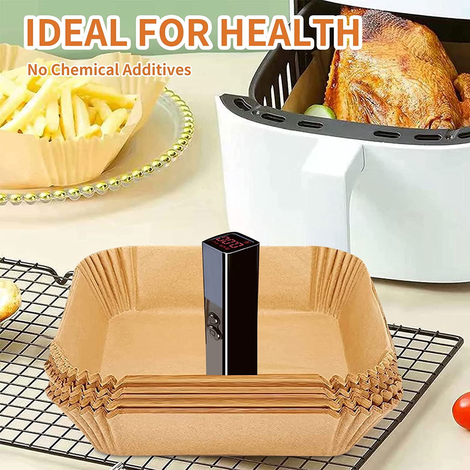 Air Fryer Liners Disposable Square, 100PCS 7.9 INCH Airfryer Liners, Natural Non-stick Parchment Paper for Air Fryer Oil-proof Water-proof, Paper liners for air fryer, Steamer, Baking, Microwave Etc