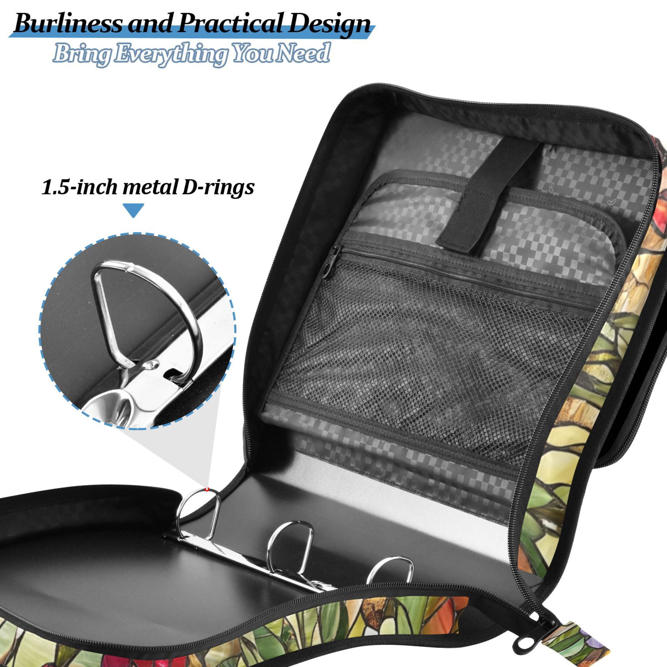 3 Ring Zipper Binder with Shoulder Strap Waterproof Trapper Keeper 2 Inch D-Ring 500 Sheets Capacity Colored Glass Flowers