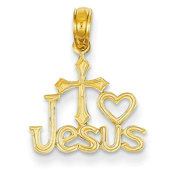 14K Yellow Gold Texture Polished JESUS Script with Cross Heart Pendant