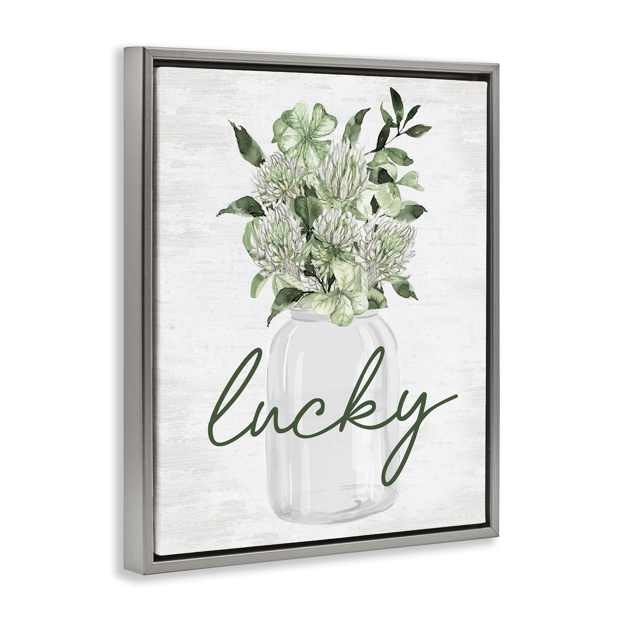 Stupell Industries Lucky Spring Shamrocks Botanical & Floral Painting Gray Floater Framed Canvas Art Print Wall Art, 25 x 31