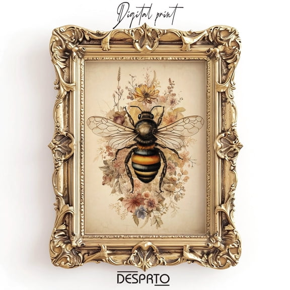 Boho Bee In Wild Flower Print, Moody Bumblebee Decor, Botanical Print, Floral Bee Dark Academia, Bee Cottagecore Wall Vintage Poster UNFRAMED PAPER POSTER, Home Decor, Vintage Gift