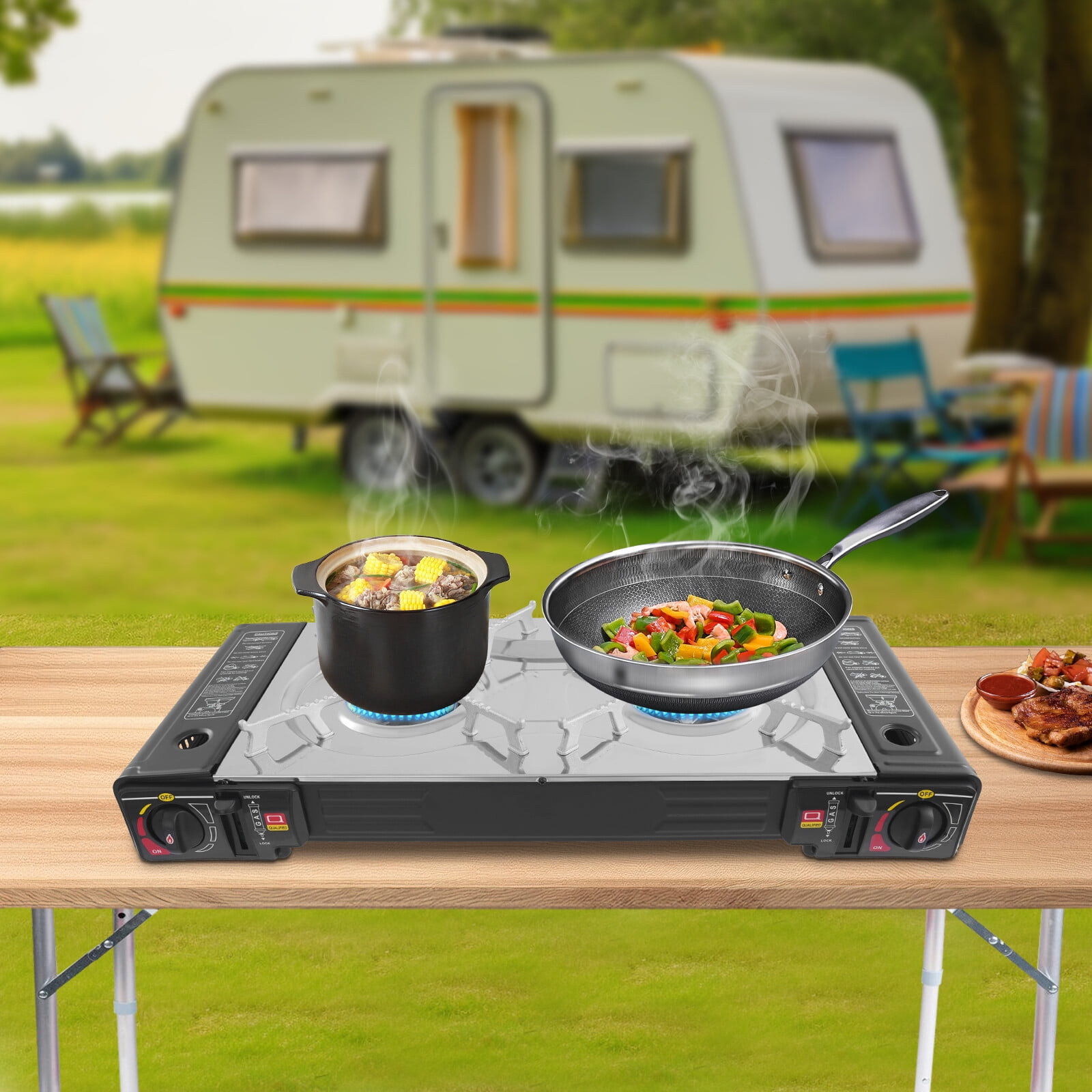 2 Burner Camping Stove Grill 2500W Portable Non-Stick Griddle Gas Stove Gas Cooktop for Outdoor Cooking Picnic Backyard BBQ