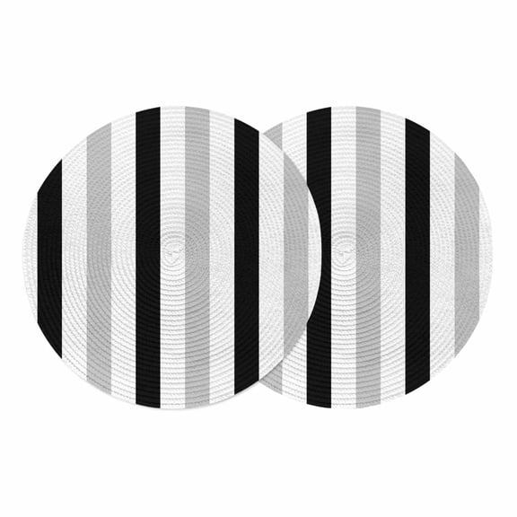 Black Grey Stripes Round 13 Inch Placemats Set of 2, White Striped Vertical Modern Geometric HeatResistant Non Slip Place Mats for Dining Table, Wipeable Braided Kitchen Table Mats for Housewarming