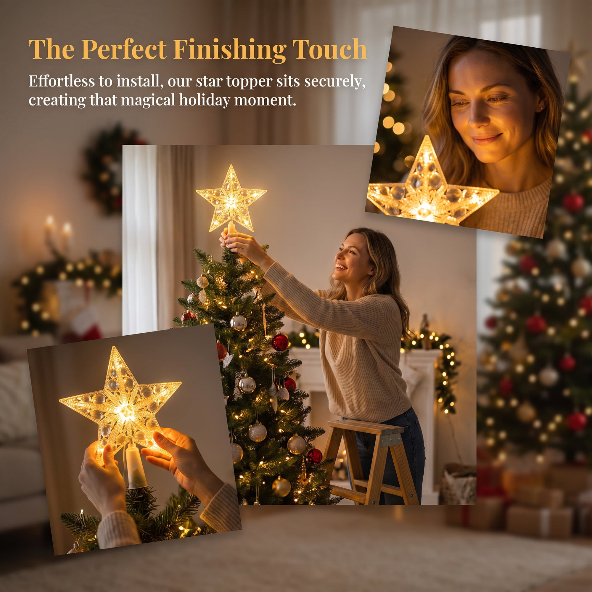 Unique Bargains Tree Finial Battery Operated Spring Mount Star Warm White Lights 5.9"