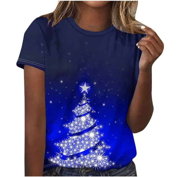 Camisetas Casuales de las Mujeres Suéter de Manga Corta Impreso Cuello Redondo, Poliéster Ligero para Todas las Estaciones Diario Y Confort de Uso