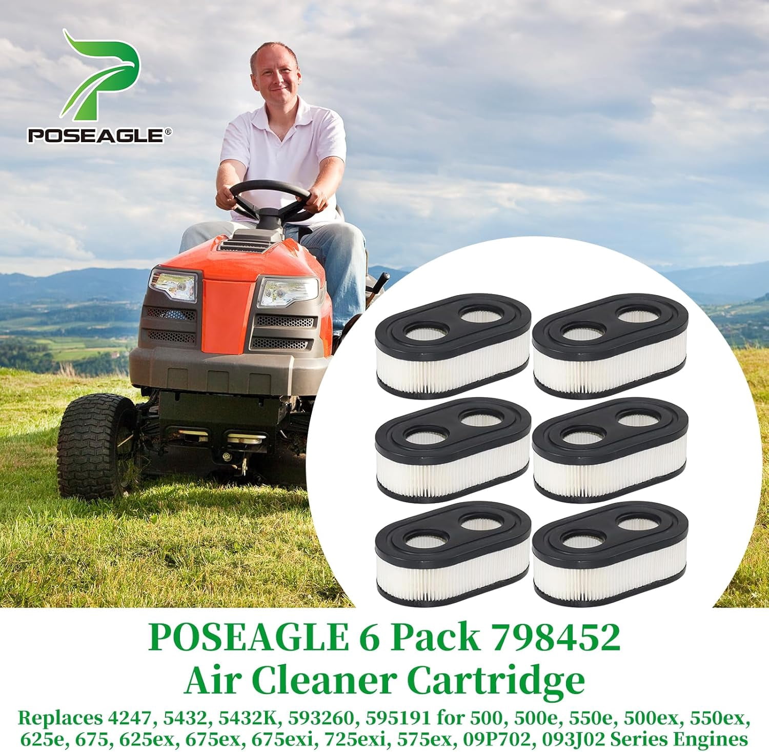 6 Pack 798452 Air Cleaner Cartridge Replaces 4247, 5432, 5432K, 593260, 595191 for 500, 500e, 550e,  625ex, 675ex, 575ex, 09P702, 093J02 Series Engines,Lawn Mower Air Filter, Mower Air Filter Mower A