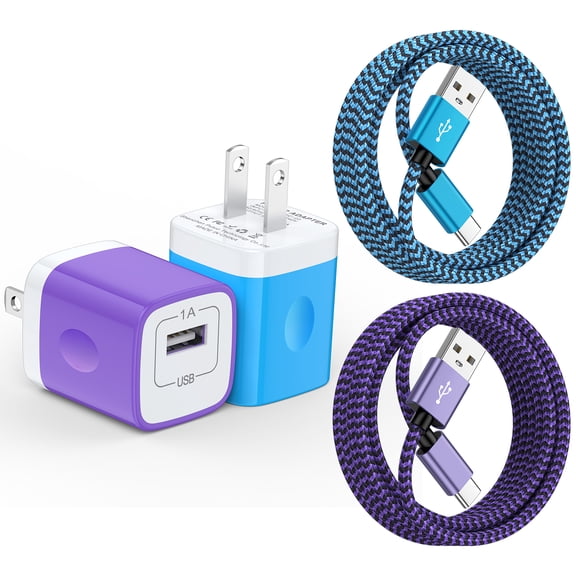 2 Pack Type C Charging Block with 6FT Charging Cable, Charger Block Wall Adapter Plug Brick Phone Chargers Compatible with iPhone, Samsung, Android Phones, Purple & Blue