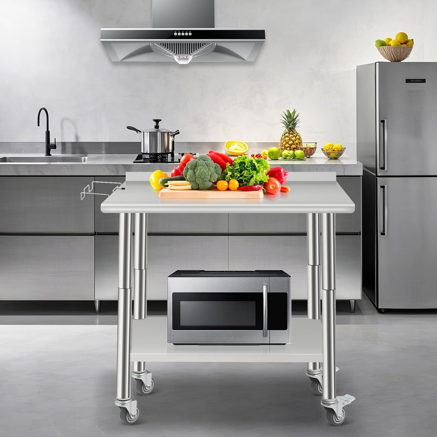 Kselythan Stainless Steel Table,Heavy Duty 2 Tier Worktable with Casters Backsplash Food Preparation Stainless Steel Table,Metal Prep Table for Kitchen Restaurant Commercial Workstation