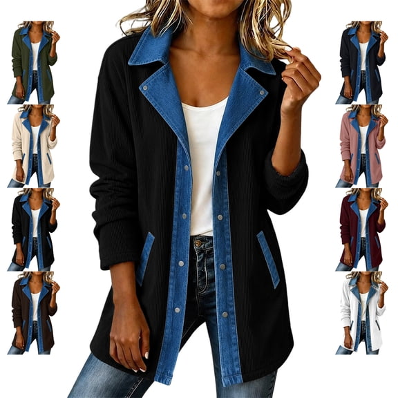 TGSLY Women's Denim Trim Corduroy Jacket Soft Casual Lapel Long Sleeve Cardigan Coat Relaxed Dressy Solid Color Outerwear with Pockets L