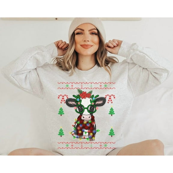 Cow Christmas Lights Christmas Sweater, Christmas Sweatshirt, Funny Heifers Christmas Shirt, Cow Holiday Sweater Cow Lover Xmas Gift Farm , Christmas Gift, Merry Christmas Sweatshirt.