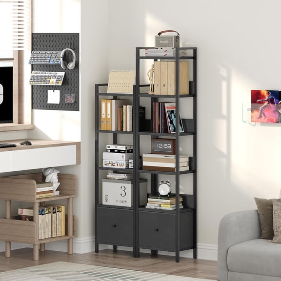 6-Tier Bookshelf with Drawer, Small Space Storage Organizer for Living Room Bedroom Study Black