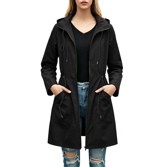Mifsaly Womens Long Windbreaker Jacket Water Resistant Zip Up Hooded Raincoat Adjustable Drawstring Waist Tavel Everyday Outdoor Outerwear with Pockets Black,S