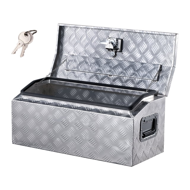 VEVOR 30"x13"x13" Heavy Duty Aluminum Truck Bed Tool Box for Pickup RV in silver. The tool box features a durable aluminum alloy construction with a stripe tread pattern for a rugged, anti-slip appearance. It includes a reinforced T-handle lock with two keys for enhanced security, a full-perimeter rubber seal for waterproofing, and reinforced chains to prevent the lid from overextending. The box measures 30 x 13 x 13 inches externally and has a weight capacity of 88 lbs, suitable for storing tools, camping gear, or other items. Ideal for use in trucks, RVs, trailers, or home storage.
