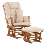 Glider and Ottoman in Oak Finish with Beige Cushions