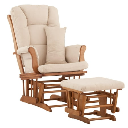 Glider and Ottoman in Oak Finish with Beige Cushions