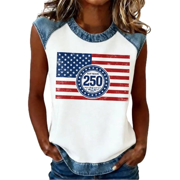 xfsWaSs Tank Tops For Women Summer 4th Of July Casual Sleeveless Tank Top American Flag Print T-Shirt Patriotic Shirts Vintage Tees Blouses Tunic Basic Tees