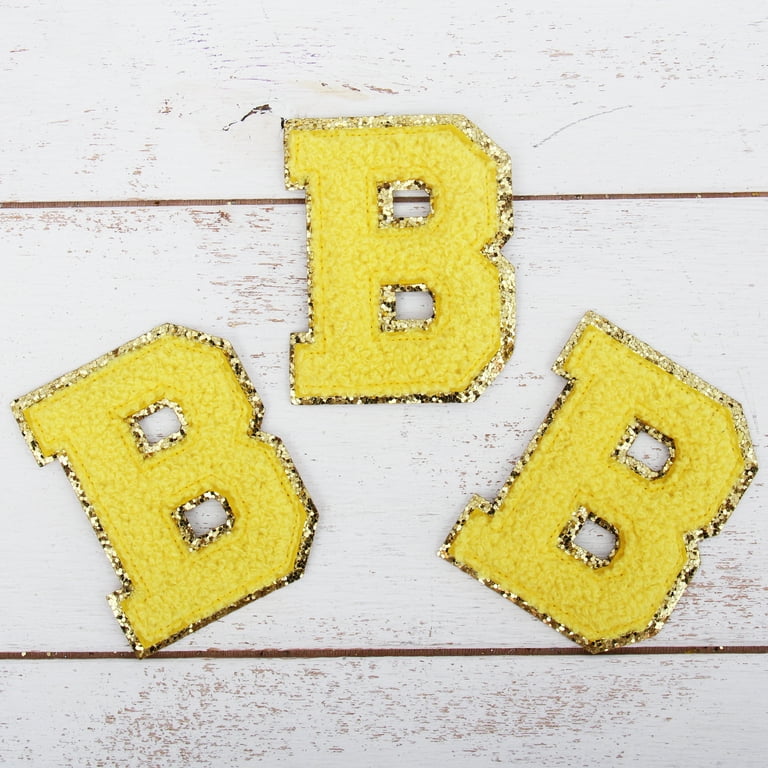 3 Pack Chenille Iron On Glitter Varsity Letter V Patches - Yellow  Chenille Fabric With Gold Glitter Trim - Sew or Iron on - 8 cm Tall