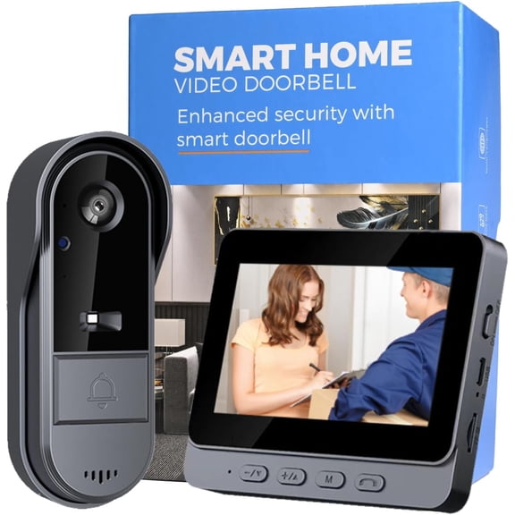 Doorbell Camera Wireless No Subscription Video Door Bell with Wired Screen Two-Way Audio 170 Angle Wide Camera Night Vision IP65 Waterproof for Outdoor No APP No WiFi,Easy to Use for Elder