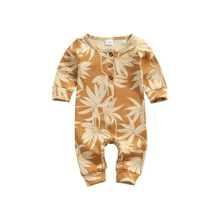 

Nokpsedcb Infant Newborn Baby Boys Girls Long Sleeve Flower Leaves Print Button O-Neck Long Romper Khaki 9-12 Months