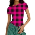 thumbnail image 5 of UQJfacai Womens Short Sleeve Tops Crewneck Ribbed Knit Slim Fitted Basic Tee Shirts Casual Summer Plaid Blouse S-2XL, 5 of 6