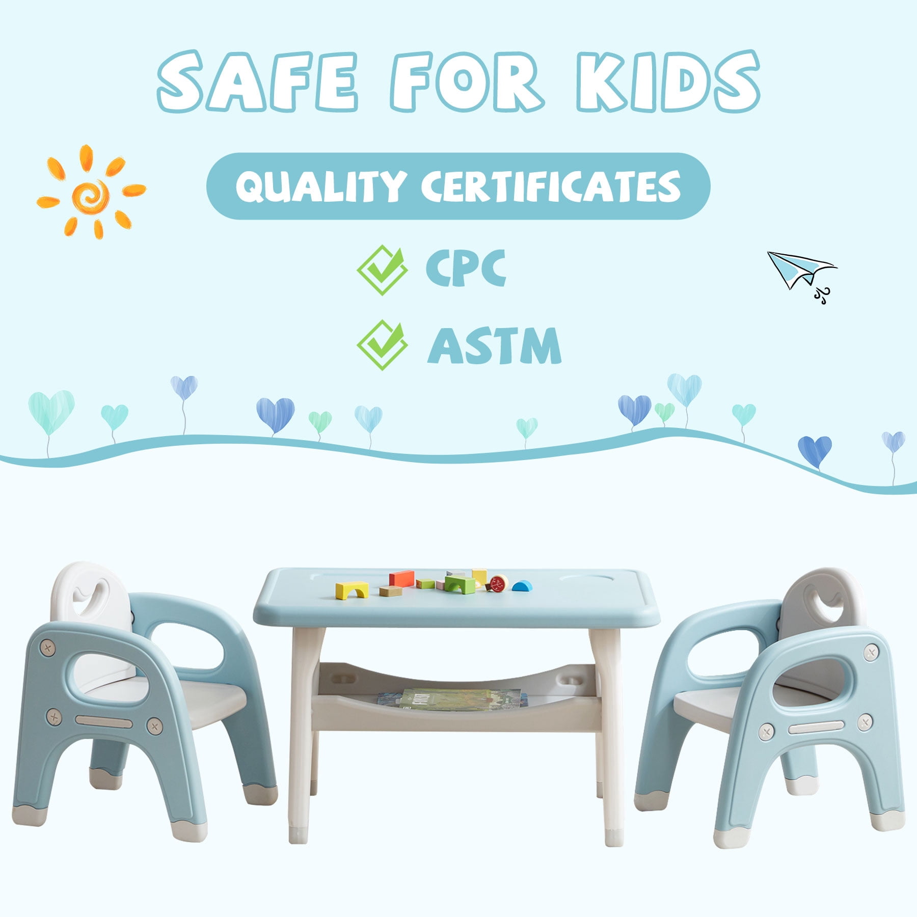 DOREROOM Kids 3-Piece Waterproof Activity Table and Chair Set, Blue