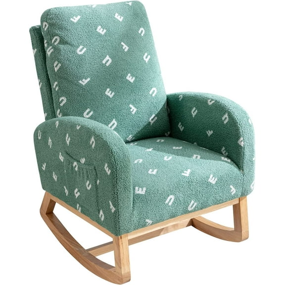 Newest 26.8"W Modern Rocking Chair for Nursery, Mid Century Accent Rocker Armchair With Side Pocket, Upholstered High Back Wooden Rocking Chair for Living Room Baby Kids Room Bedroom, Green Boucle