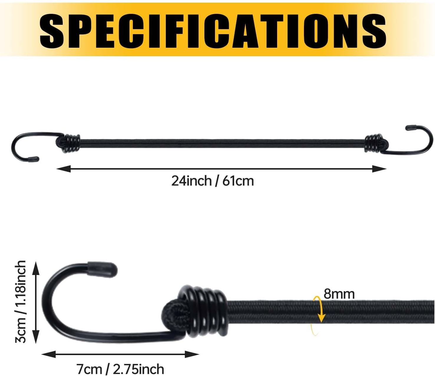 Bungee Cords with Hooks, 8 Pack 24 Inch Thick Elastic Rope – Strong, Stretchy Tie Downs with Secure Hooks for Cargo, Camping, Tents, Luggage – All-Weather