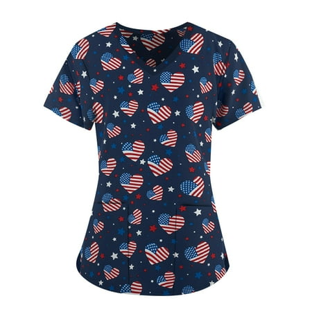 

Sksloeg Women s Scrub Tops American Flag Stars Stripes Pattern Nurse Uniforms for Women Short Sleeve V-Neck Shirts Tee Tops with Pockets Navy M