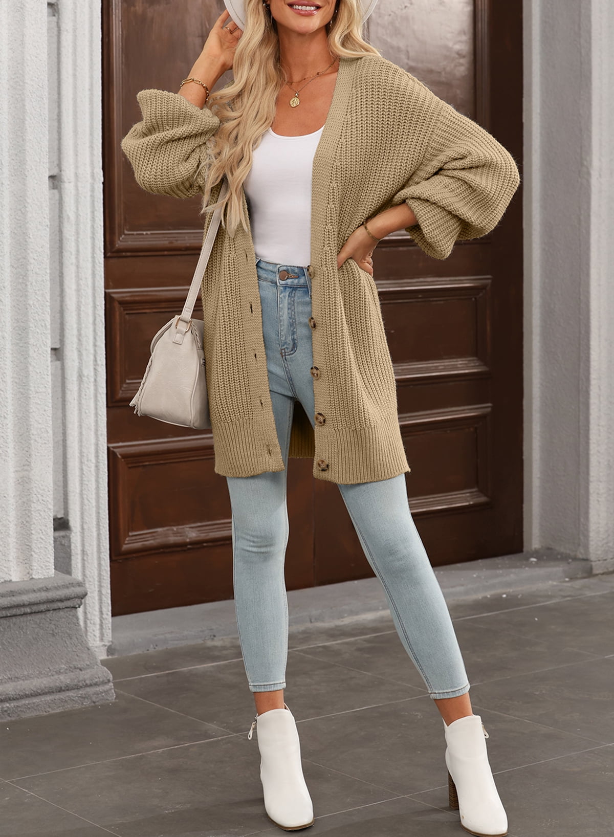 Women's Open Front Cardigans Long Sleeve Cable Knit Sweater Button Loose Winter Outerwear Khaki US 16-18 - image 3