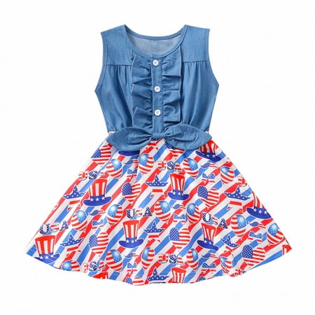 

ASFGIMUJ Baby Dress Girl 4Th Of Julys Dress Independence Day Denim Ruffles Dresses Clothes Dresses For Teen Girls Size 100