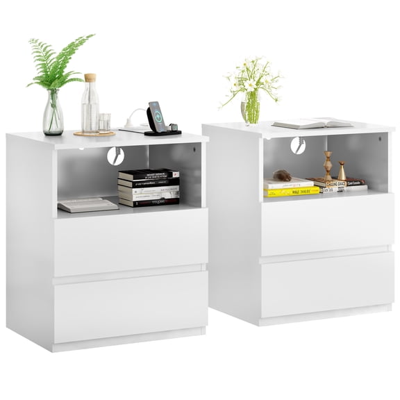 Mintazer Nightstand Set of 2, Bedside End Table with Charging Station, 2 Drawers & Open Storage Compartment, Particle Board Side Table for Bedroom Living Room, White