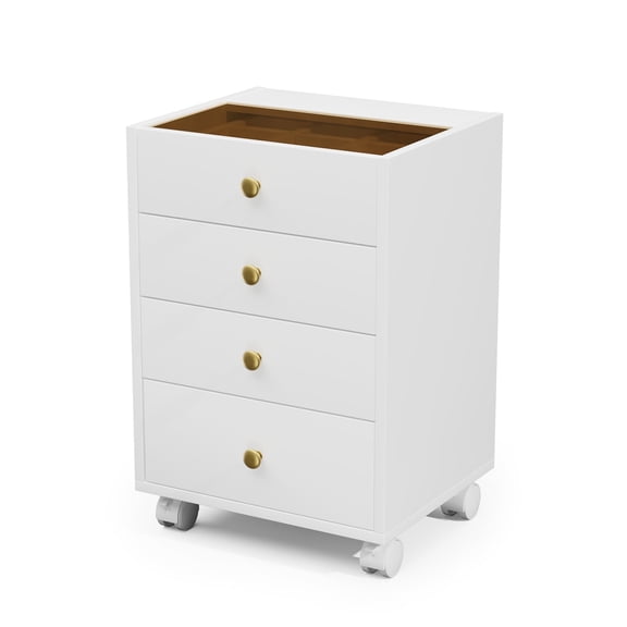 Cyehnenx 4 Drawer Small File Cabinet, Under Desk Storage, Home Office Vertical File Cabinet with Glass Top, Mobile Printer Stand with Lockable Wheels for Home Office Study, White