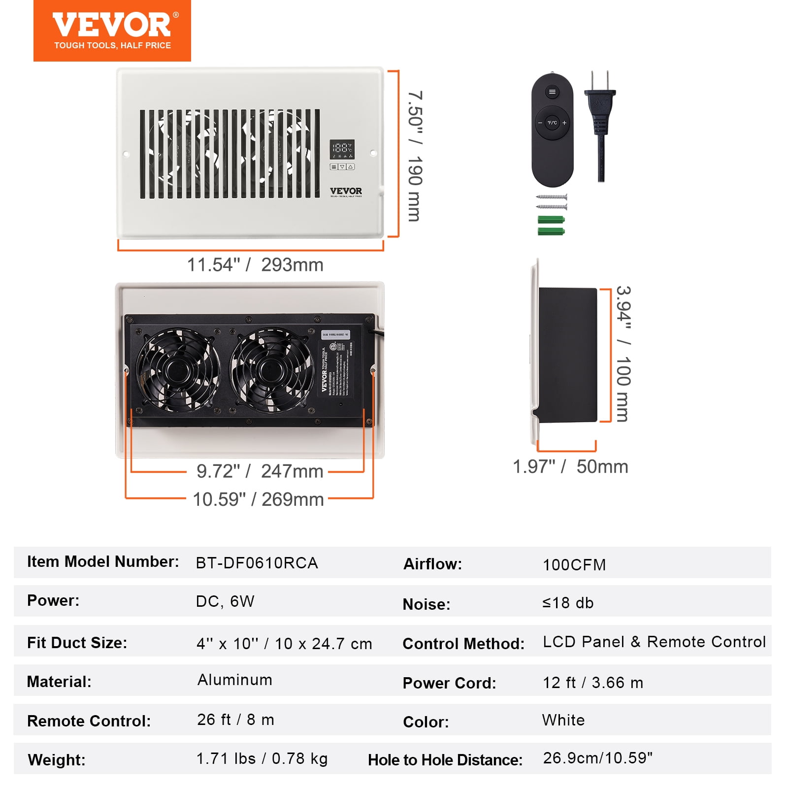 VEVOR Quiet Register Booster Fan 6 x 10”, Smart Register Vent with Thermostat Control, Heating & Cooling AC Vent Booster Fan, White