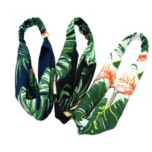Aysekone Paquete de 3 Diademas Elásticas para Mujer con Viento Tropical en la Playa Accesorios para el Cabello Turbante Hojas de Plátano Verde Impreso Diademas con Nudos Cruzados para Damas y Niñas