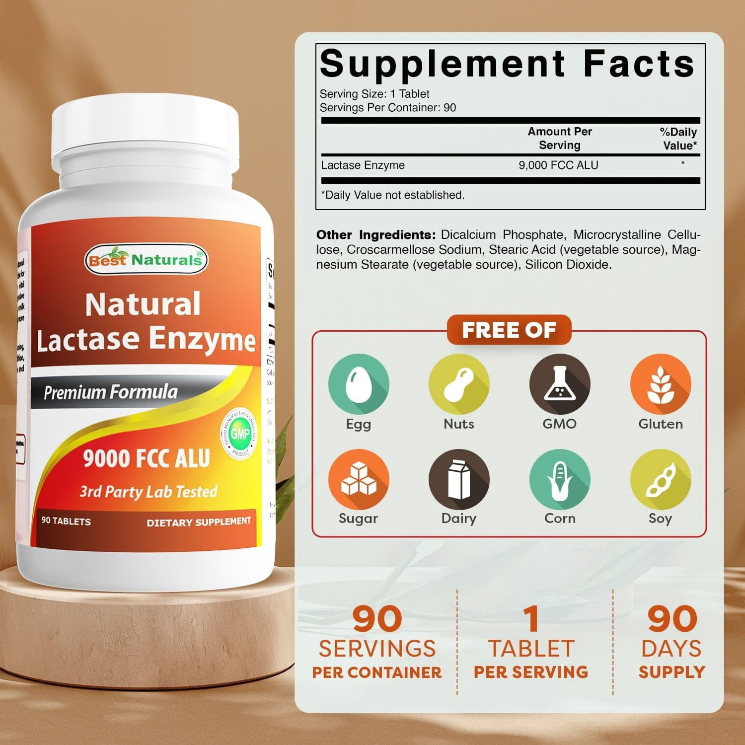 (2 pack) Best Naturals Lactase Enzyme 9000 FCC ALU 90 Tablets | Lactose Intolerance Relief Tablets