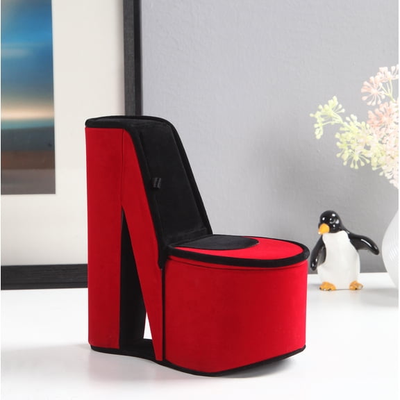 9" Tall Display Jewelry Box,Hidden Storage, High Heel Shoe Design, Red Velvet