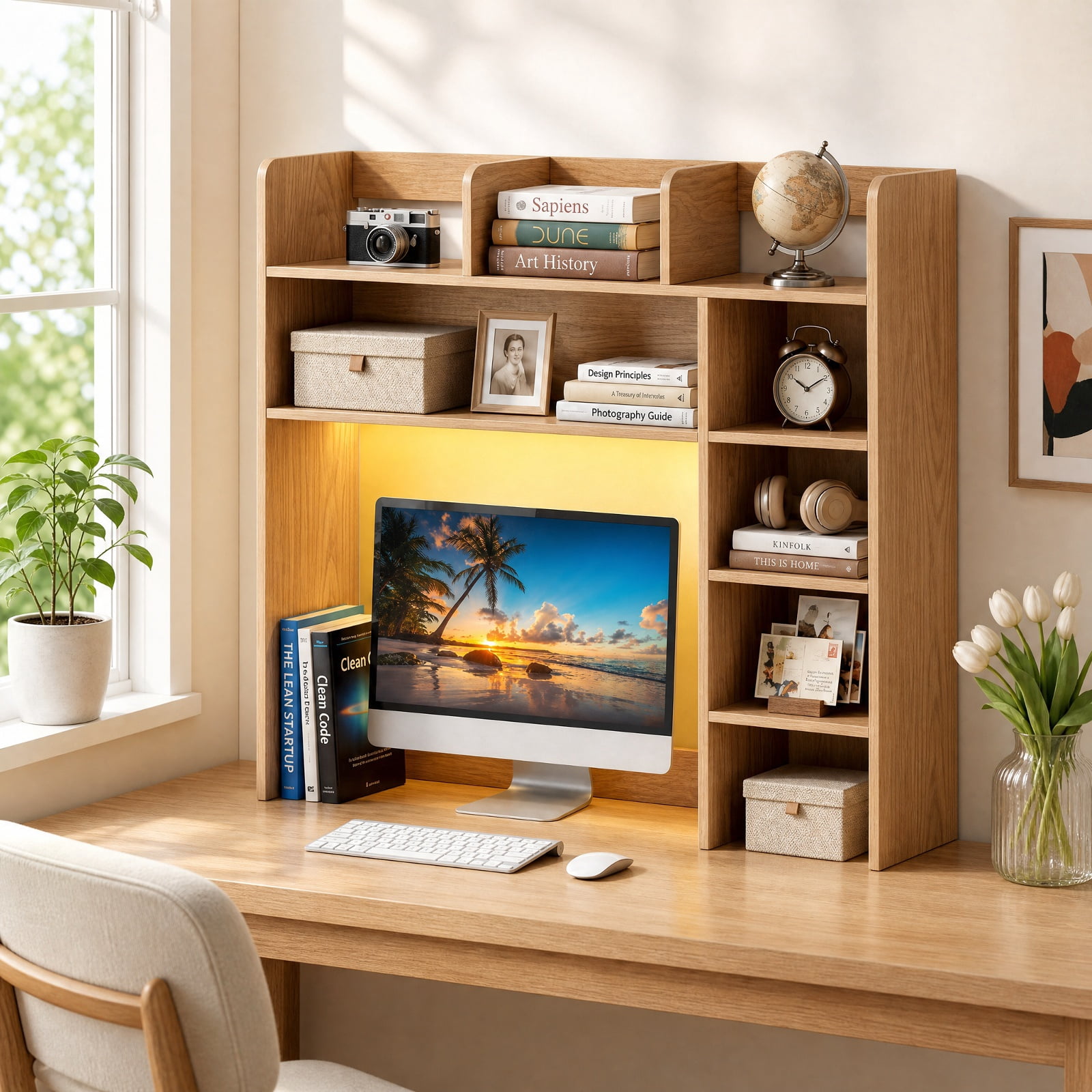 Furnibear Desktop Bookshelf with LED Lights 35.5 Inch Wood Desk Hutch Storage Organizer with Adjustable Shelves and Remote, Natural