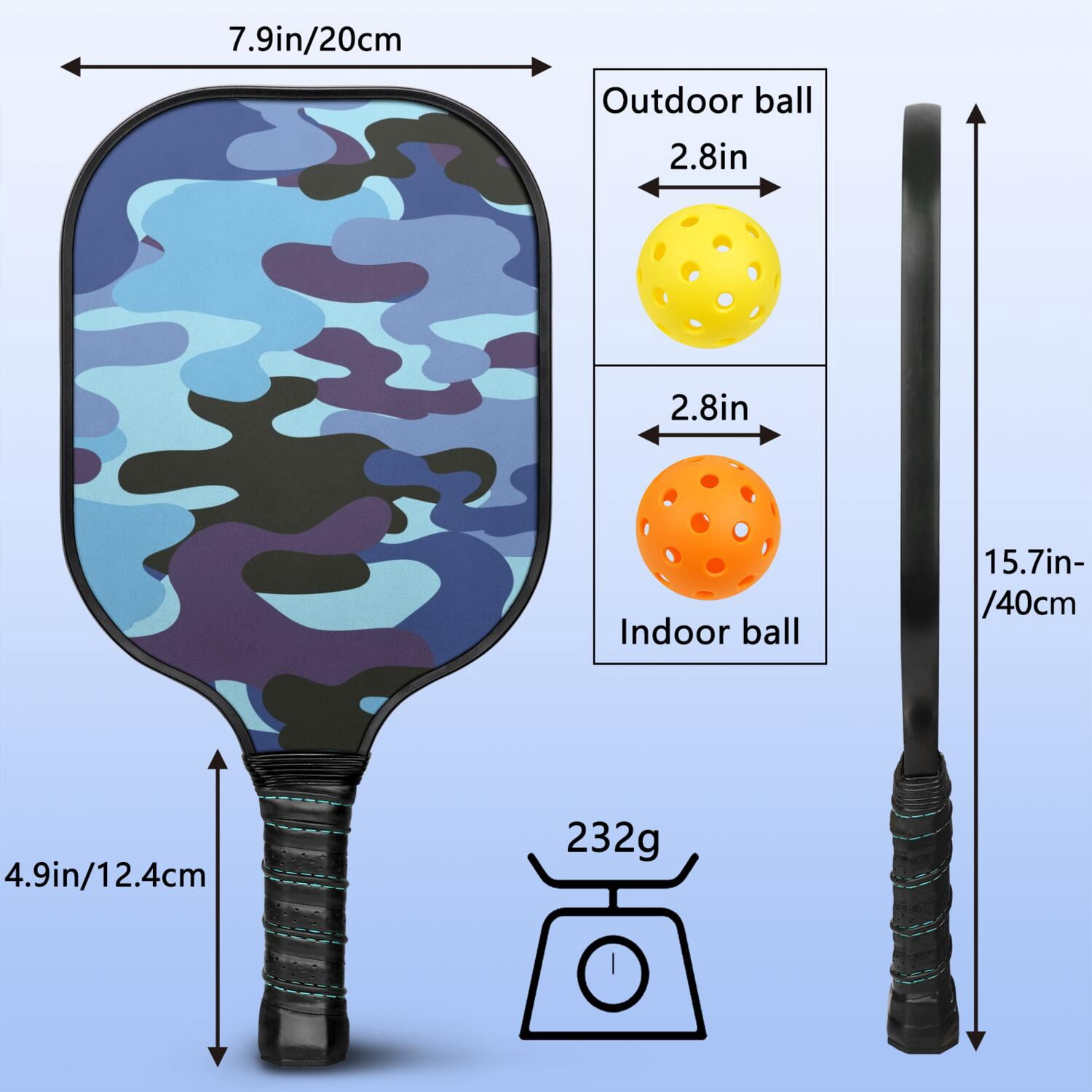 Pickleball Paddles Set Of 2, Fiberglass Surface, Camouflage Print, 4 Balls & Bag