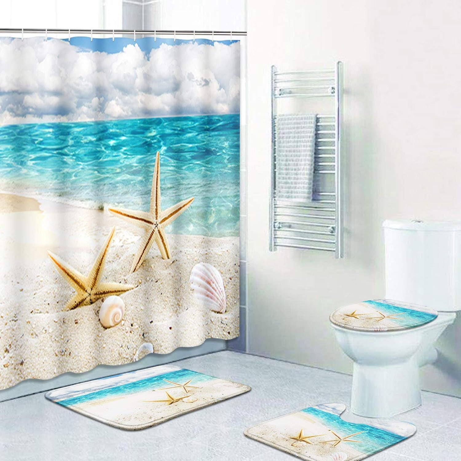 4 Pcs Shower Curtain Set Starfish Seashells Wooden Nautical Sand Beach Shell Sea Blue with Non-Slip Rugs Toilet Lid Cover and Bath Mat Bathroom Decor Set 72" x 72"
