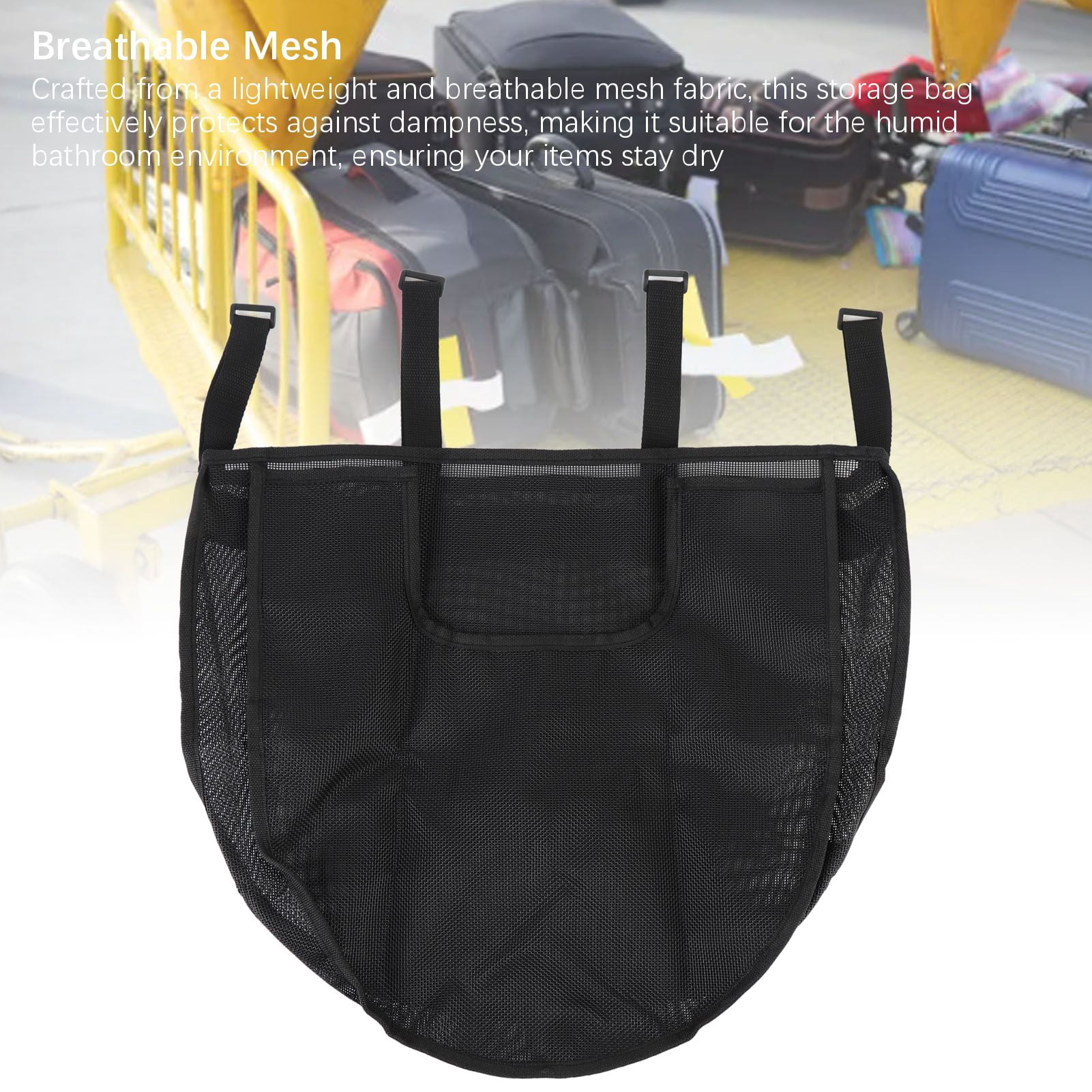 Rupoun Mesh Bath Toy Organizer Large Capacity Wall Hanging Zippered Storage Bag with 4 Adhesive Hooks for Bathroom Black, 22 x 14.6 inches / 56 x 37 cm