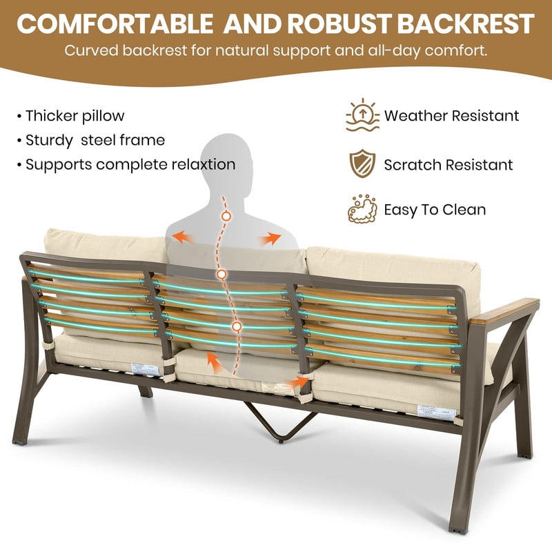 6-Piece Outdoor Patio Furniture Set, Steel Frame Outdoot Sectional Sofa Set with 3-Seat Couch, 2 Armchairs, 2 Ottomans & Acacia Wood Coffee Table for Backyard, Garden, Poolside