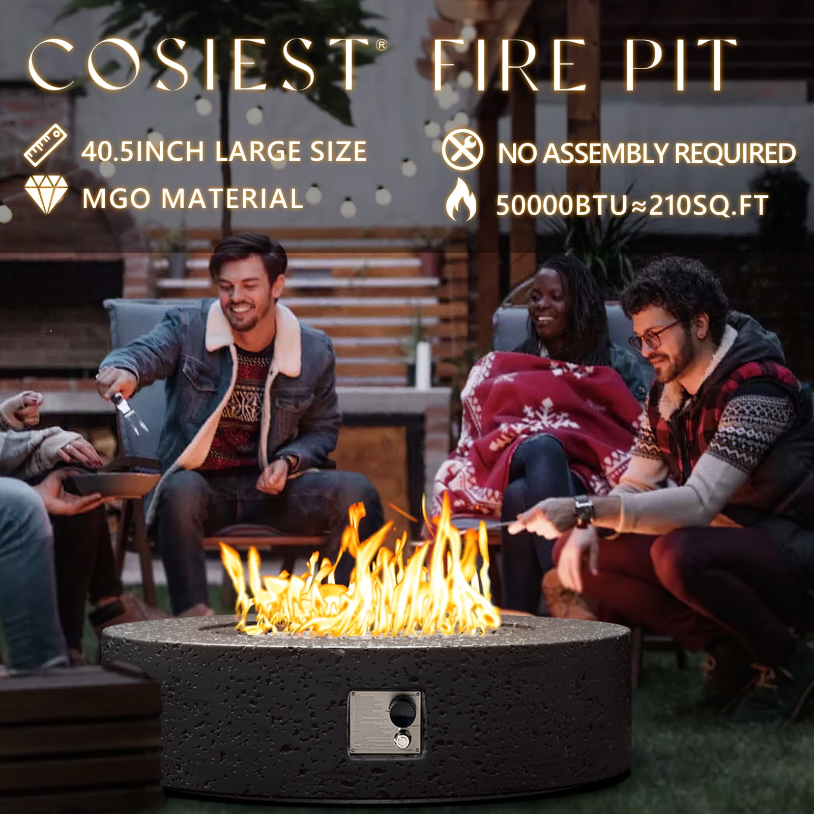 VENTOPYR 40.5" Outdoor Fire Pit Table,50000 BTU Propane w/ Concrete Base, Lava Rocks & Cove