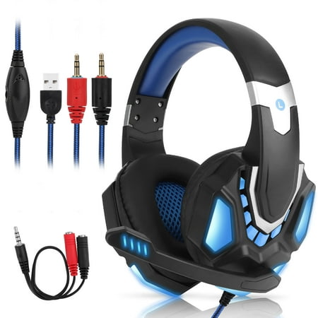 Gaming Headset for PS4, PS5, Xbox One, Nintendo Switch, EEEkit Surround Sound Over Ear Headphones with Noise Canceling Mic, Memory Earmuffs, LED Lights, 3.5mm Gaming Headset for PC, PS4, Mac, Laptop