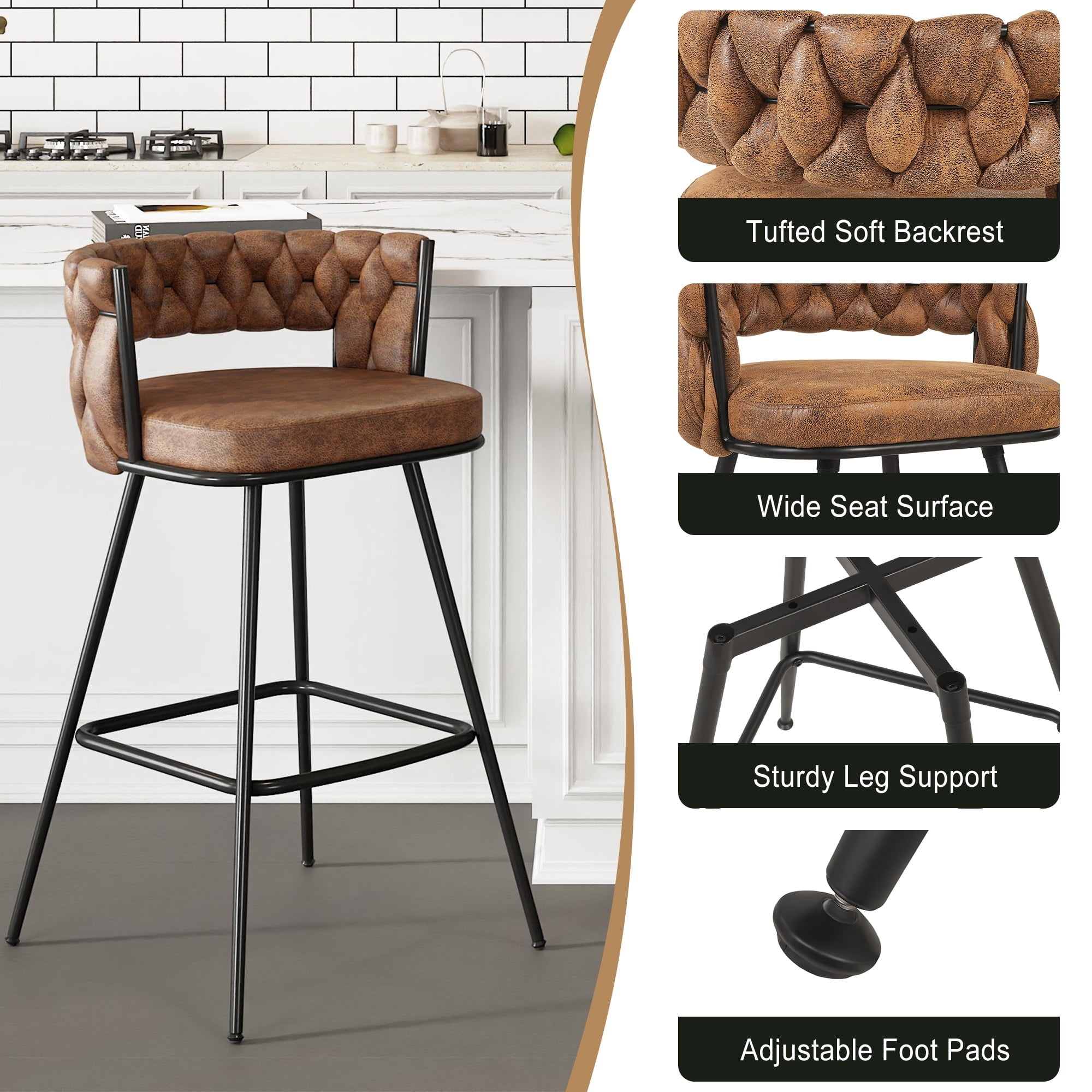 VECELO Modern Braided Bar Stools Set of 4 – Suede Fabric Counter Height Stools with Woven Back Support & Footrest, Heavy-Duty Metal Frame Bar Chairs for Kitchen Island,Brown