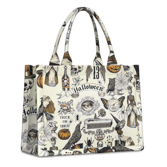 Large Capacity Tote Bag,Beige Halloween Skull Pumpkin Pattern Handbag Fashion Luxury Tote Bag,15.7"x13"x 5.1" Inches,Laptop Compatible
