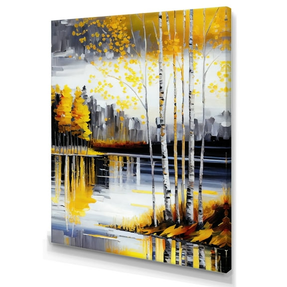 Designart Grey And Yellow Birch Trees By The Lake I Canvas Wall Art