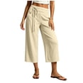 thumbnail image 5 of Women's Cotton Blend Drawstring Wide Leg Capri Pants with Side Pockets,Khaki,Women's Capri XL, 5 of 7