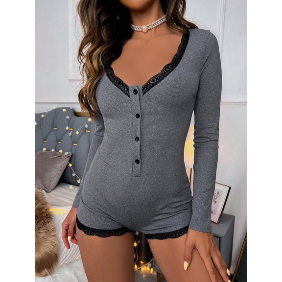 Dark Grey Lace Trim Button Front Sleep Romper For Women